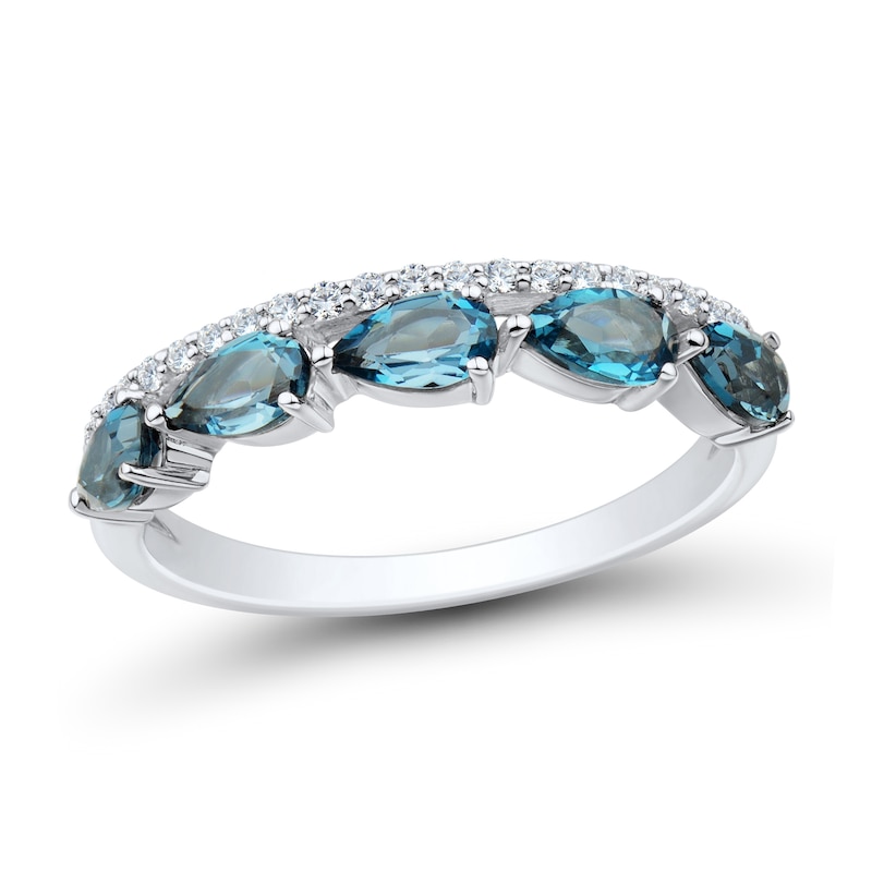 Main Image 1 of Sideways Pear-Shaped London Blue Topaz and 1/10 CT. T.W. Diamond Five Stone Band in 10K White Gold