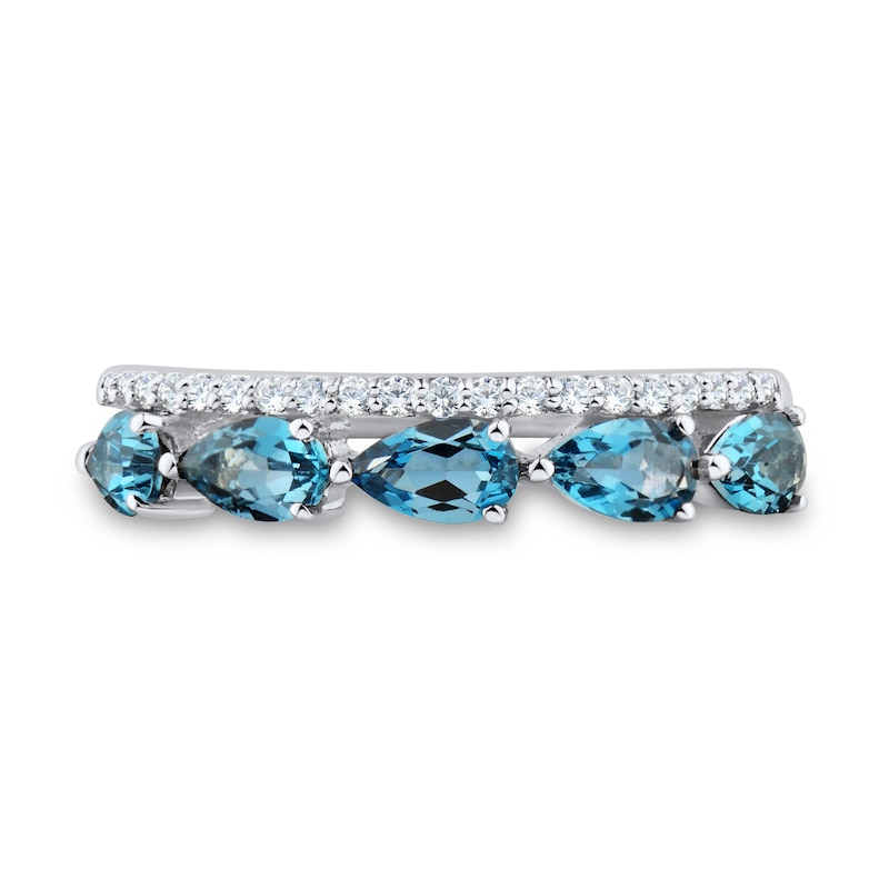 Main Image 2 of Sideways Pear-Shaped London Blue Topaz and 1/10 CT. T.W. Diamond Five Stone Band in 10K White Gold