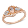 Thumbnail Image 1 of Oval Morganite, Pear-Shaped Aquamarine and 1/10 CT. T.W. Diamond Bypass Three Stone Ring in 10K Rose Gold