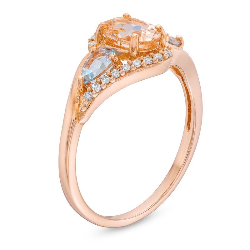 Main Image 3 of Oval Morganite, Pear-Shaped Aquamarine and 1/10 CT. T.W. Diamond Bypass Three Stone Ring in 10K Rose Gold