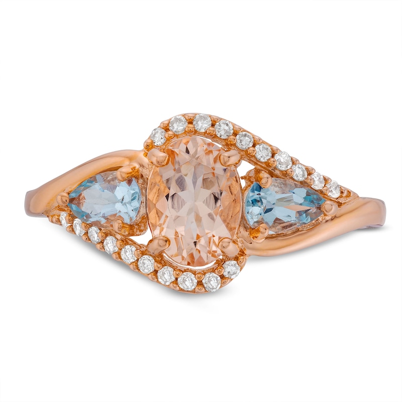 Main Image 4 of Oval Morganite, Pear-Shaped Aquamarine and 1/10 CT. T.W. Diamond Bypass Three Stone Ring in 10K Rose Gold