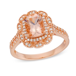 Elongated Cushion-Cut Morganite and 1/5 CT. T.W. Diamond Abstract Floral Frame Ring in 10K Rose Gold