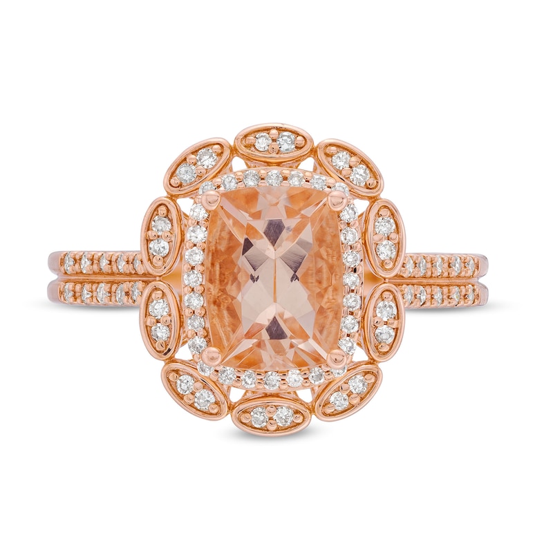 Main Image 4 of Elongated Cushion-Cut Morganite and 1/5 CT. T.W. Diamond Abstract Floral Frame Ring in 10K Rose Gold