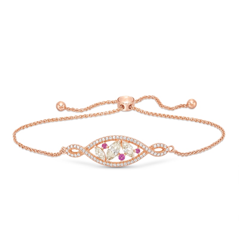 Morganite, Rhodolite and White Lab-Created Sapphire Cluster Bolo Bracelet in Sterling Silver with 18K Gold Plate - 9.0"