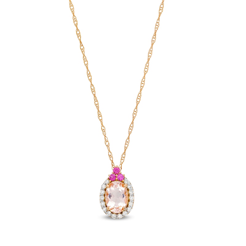 Oval Morganite, Rhodolite Garnet and 1/10 CT. T.W. Diamond Frame Tri ...