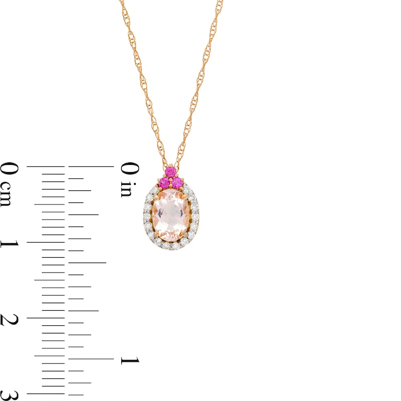 Main Image 3 of Oval Morganite, Rhodolite Garnet and 1/10 CT. T.W. Diamond Frame Tri-Top Pendant in 10K Rose Gold