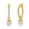 Thumbnail Image 1 of Freshwater Cultured Pearl and White Lab-Created Sapphire Dangle Hoop Earrings in Sterling Silver with 10K Gold Plate