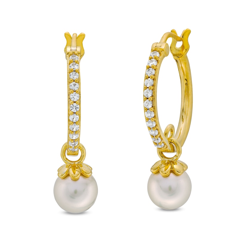 Main Image 1 of Freshwater Cultured Pearl and White Lab-Created Sapphire Dangle Hoop Earrings in Sterling Silver with 10K Gold Plate