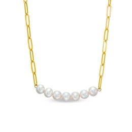 Freshwater Cultured Pearl Seven Stone Paper Clip Chain Necklace in Sterling Silver with 18K Gold Plate