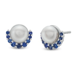 6.0mm Button Freshwater Cultured Pearl and Blue Sapphire Half Frame Stud Earrings in 10K White Gold