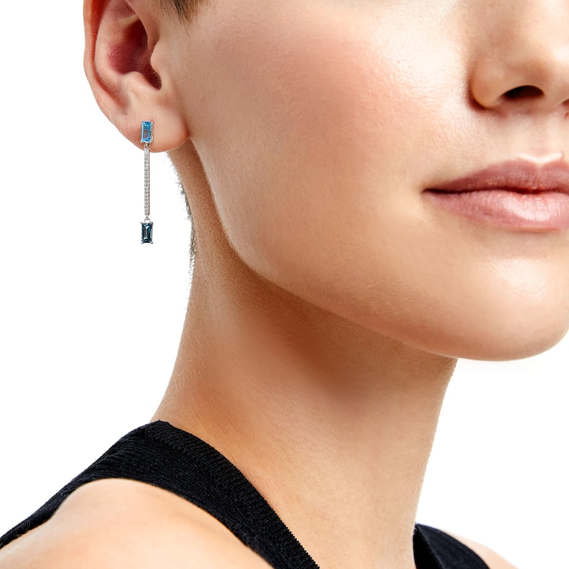 Baguette-Cut Swiss Blue Topaz, London Blue Topaz and White Lab-Created Sapphire Stick Drop Earrings in Sterling Silver