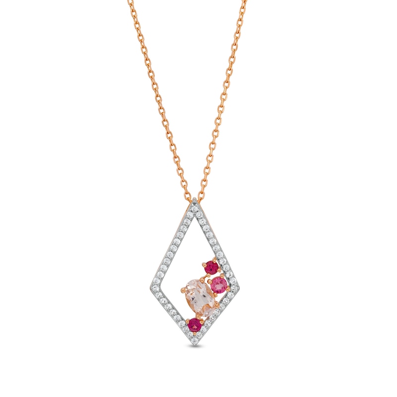 Main Image 1 of Oval Morganite, Rhodolite Garnet, Tourmaline and White Lab-Created Sapphire Cluster Kite Pendant in 10K Rose Gold