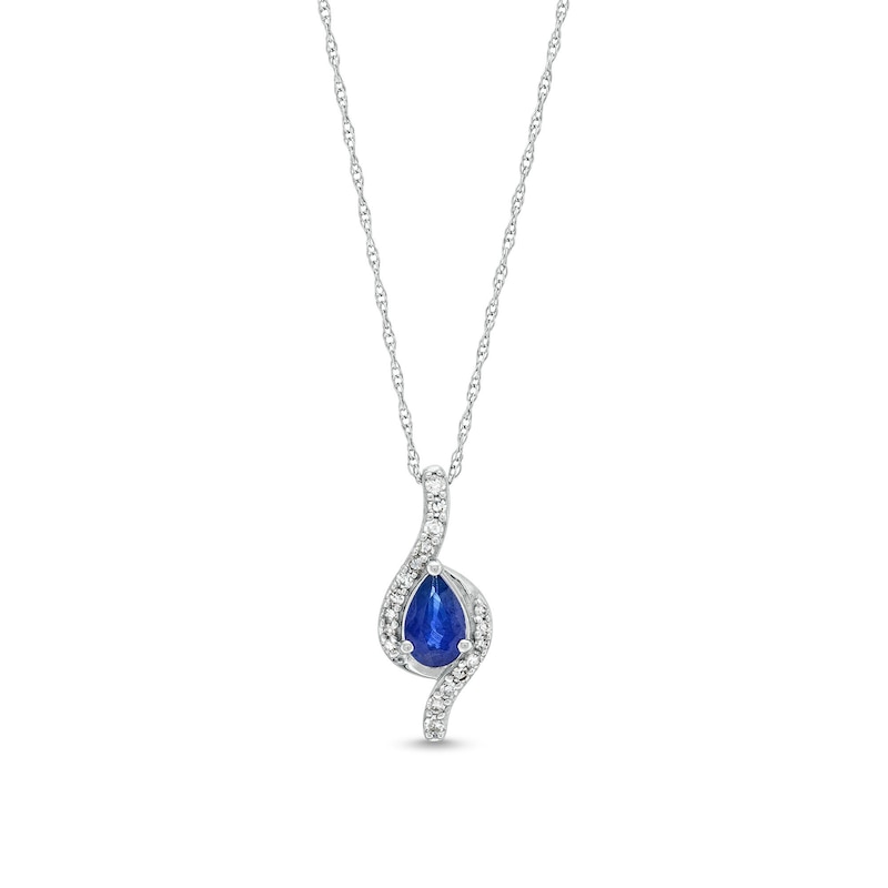 Main Image 1 of Pear-Shaped Blue Sapphire and 1/10 CT. T.W. Diamond Flame Pendant in 10K White Gold