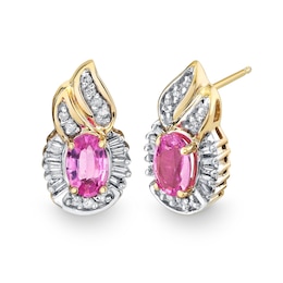 Oval Pink Sapphire and 1/3 CT. T.W. Diamond Flame Drop Earrings in 14K Gold