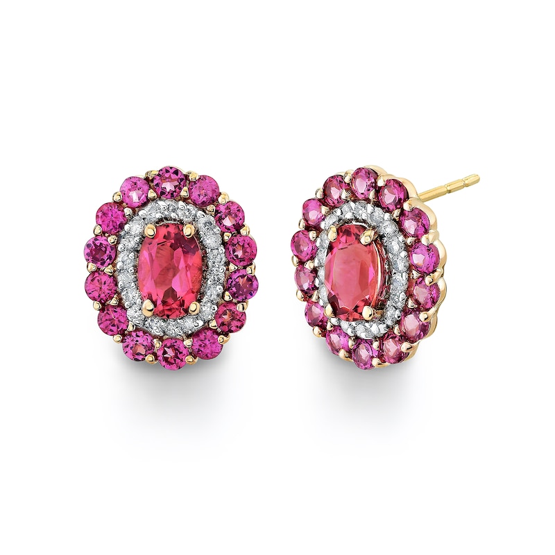 Main Image 1 of Oval Tourmaline, Rhodolite Garnet and 1/4 CT. T.W. Diamond Double Frame Stud Earrings in 14K Rose Gold