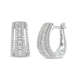 1 CT. T.W. Baguette and Round Diamond Multi-Row Hoop Earrings in 10K White Gold