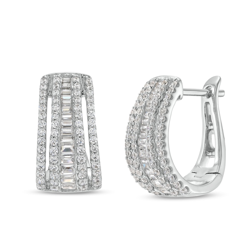 Main Image 1 of 1 CT. T.W. Baguette and Round Diamond Multi-Row Hoop Earrings in 10K White Gold