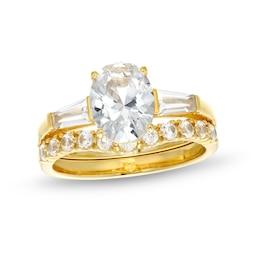 Oval White Lab-Created Sapphire Sideways Three Stone Bridal Set in Sterling Silver with 18K Gold Plate - Size 7