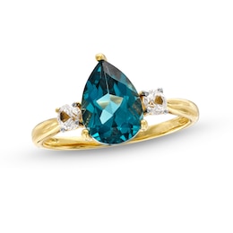 Pear-Shaped London Blue Topaz and White Lab-Created Sapphire Ring in 10K Gold