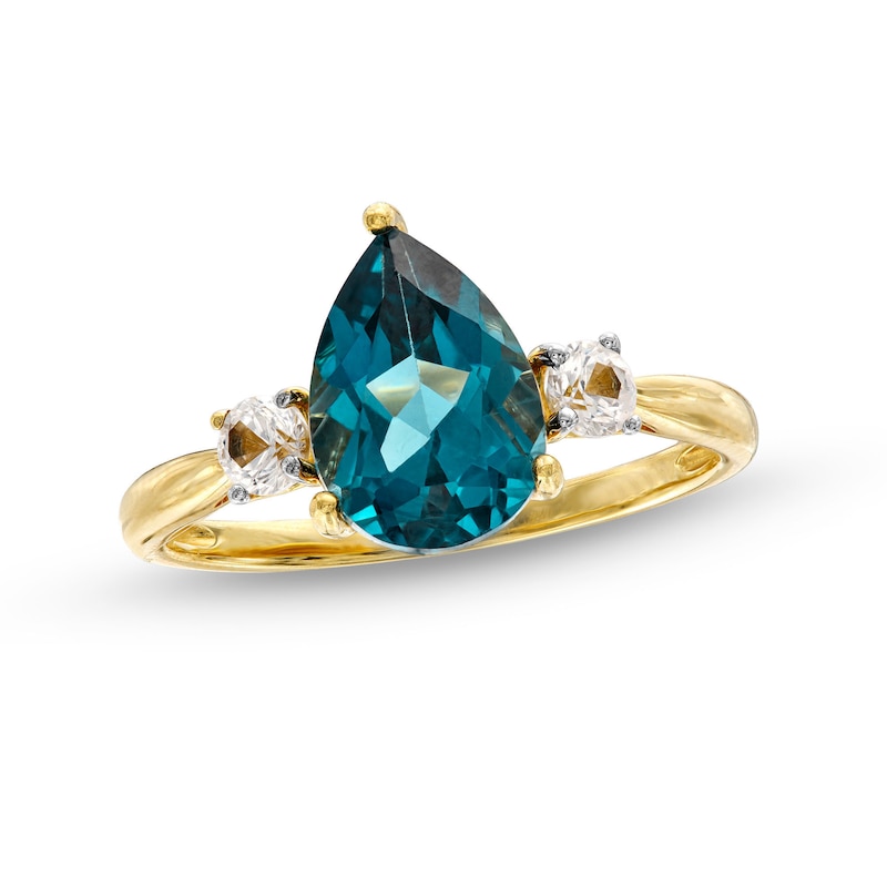 Main Image 1 of Pear-Shaped London Blue Topaz and White Lab-Created Sapphire Ring in 10K Gold