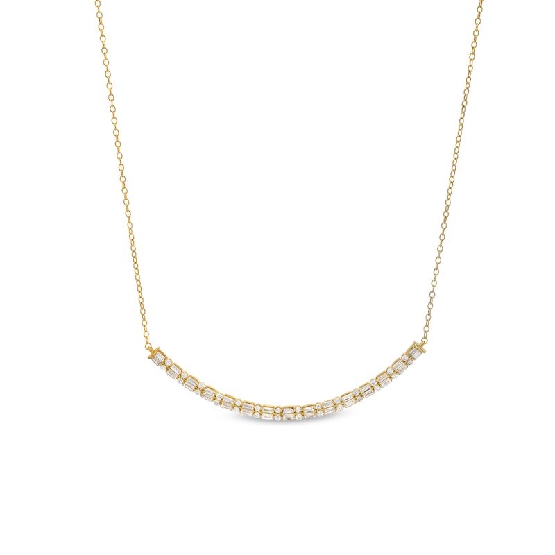 Main Image 1 of 3/4 CT. T.W. Baguette and Round Diamond Duo Alternating Curved Bar Necklace in 10K Gold