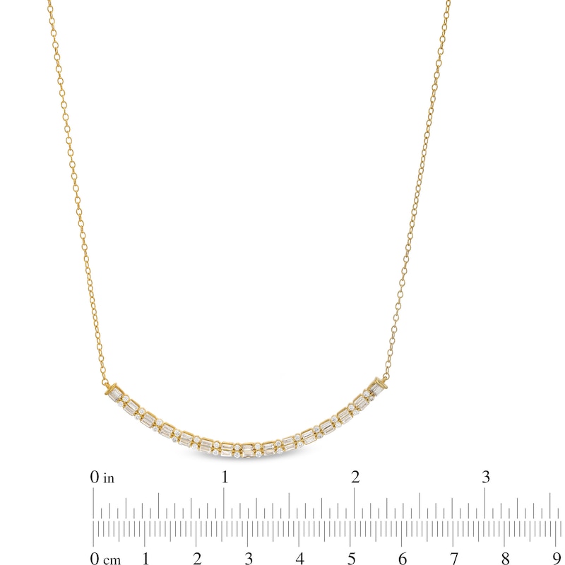 Main Image 2 of 3/4 CT. T.W. Baguette and Round Diamond Duo Alternating Curved Bar Necklace in 10K Gold