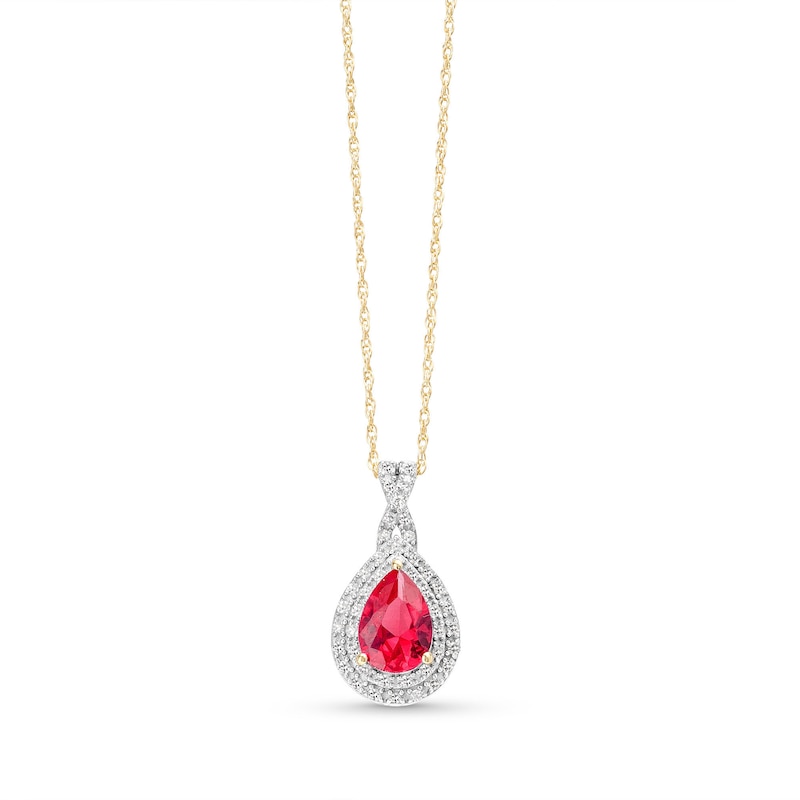 Main Image 1 of Pear-Shaped Lab-Created Ruby and 1/10 CT. T.W. Diamond Framed Pendant in 10K Gold