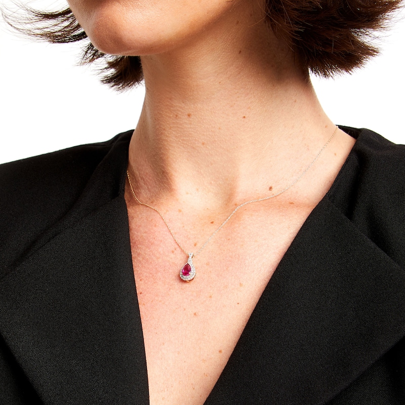 Main Image 2 of Pear-Shaped Lab-Created Ruby and 1/10 CT. T.W. Diamond Framed Pendant in 10K Gold