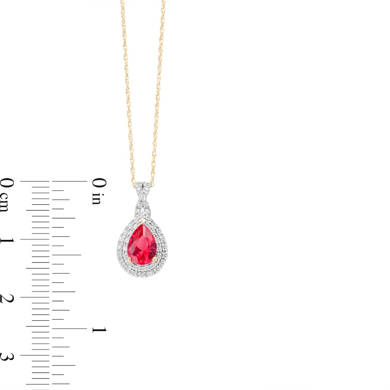 Main Image 3 of Pear-Shaped Lab-Created Ruby and 1/10 CT. T.W. Diamond Framed Pendant in 10K Gold