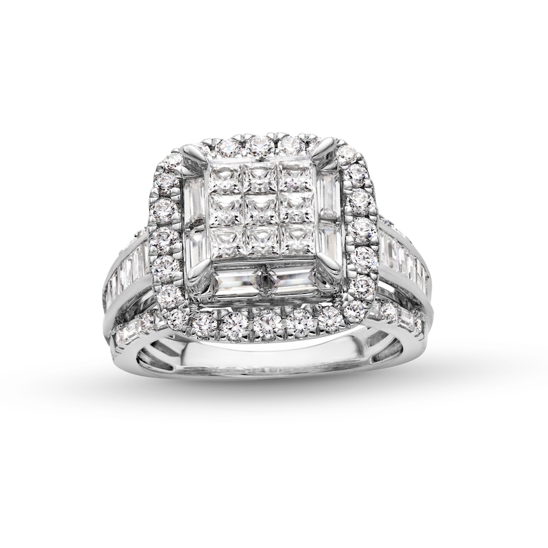 Main Image 1 of 2 CT. T.W. Princess-Cut Multi-Diamond Cushion-Shaped Frame Triple Row Engagement Ring in 14K White Gold