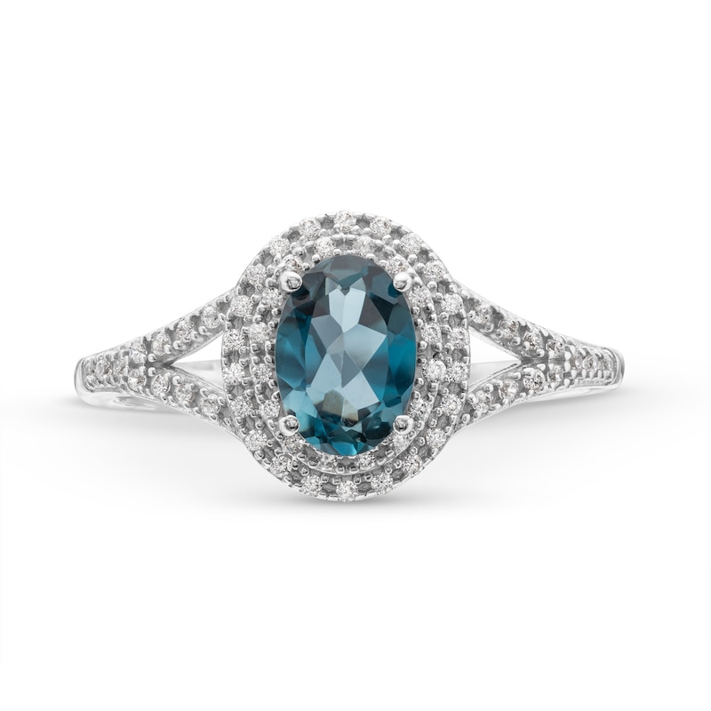 Main Image 4 of Oval London Blue Topaz and 1/6 CT. T.W. Diamond Framed Ring in 10K White Gold