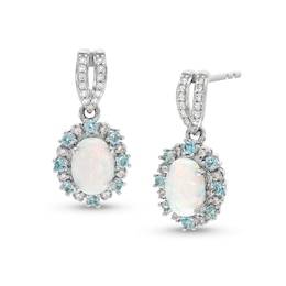 Lab-Created Opal, White Lab-Created Sapphire and Swiss Blue Topaz Frame Drop Earrings in Sterling Silver