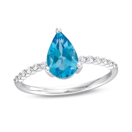 Pear-Shaped Swiss blue topaz and 1/10 CT. T.W. Diamond Scallop Shank Ring in 10K White Gold