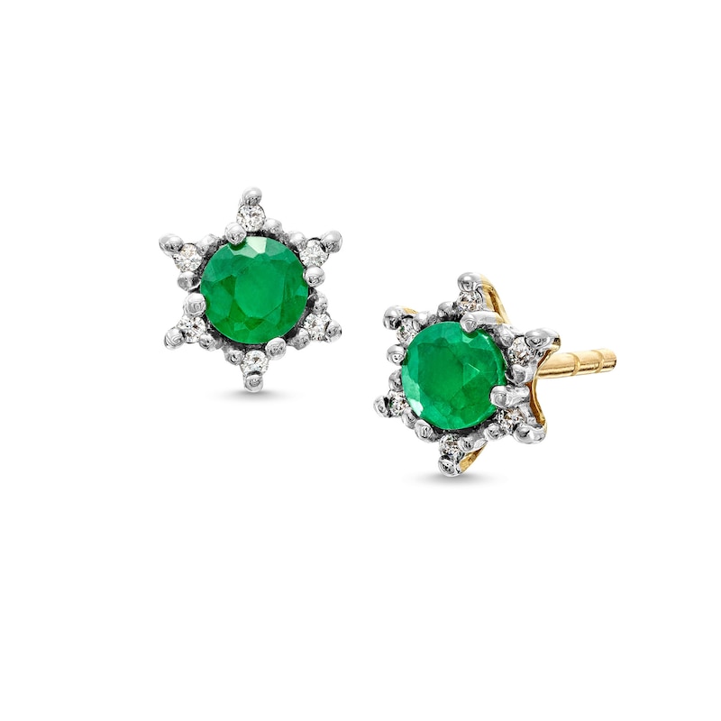 Main Image 1 of Emerald and Diamond Accent Starburst Frame Stud Earrings in 10K Gold