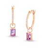 Thumbnail Image 1 of Emerald-Cut Amethyst and White Lab-Created Sapphire Dangle Hoop Earrings in Sterling Silver with 18K Rose Gold Plate