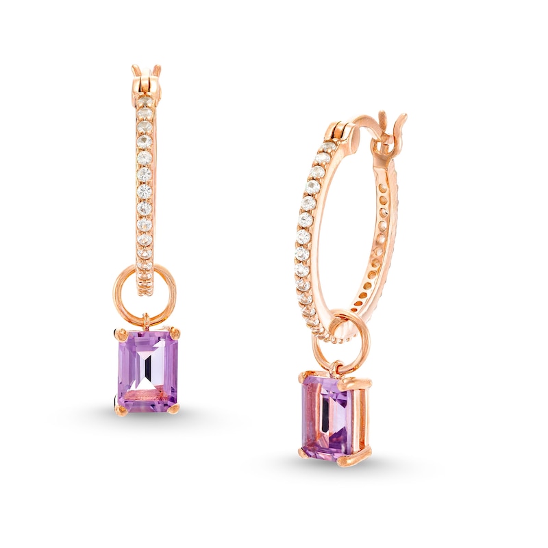 Main Image 1 of Emerald-Cut Amethyst and White Lab-Created Sapphire Dangle Hoop Earrings in Sterling Silver with 18K Rose Gold Plate