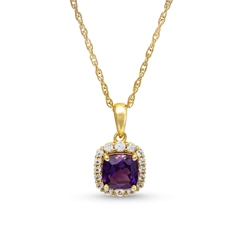 Main Image 1 of Cushion-Cut Amethyst and White Lab-Created Sapphire Frame Pendant in Sterling Silver with 14K Gold Plate