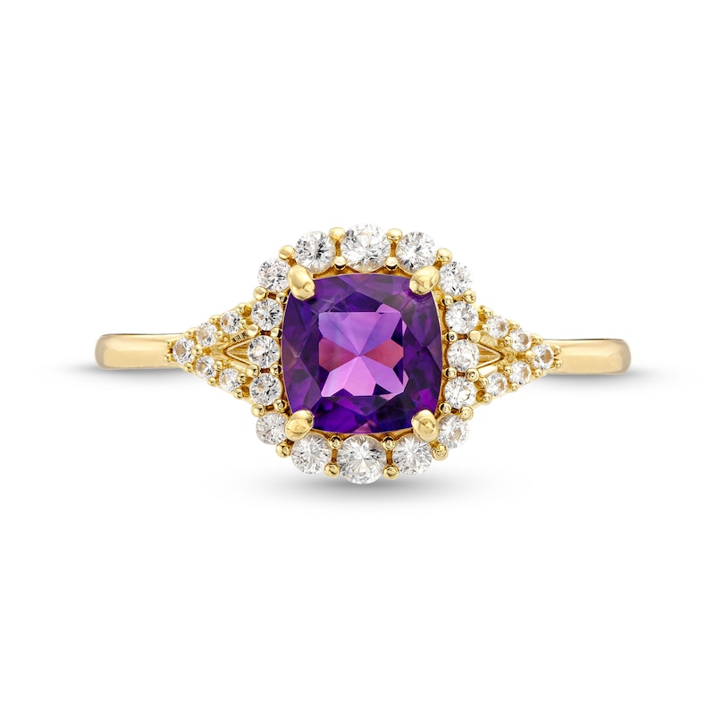 Cushion-Cut Amethyst and White Lab-Created Sapphire Frame Ring in Sterling Silver with 14K Gold Plate - Size 7