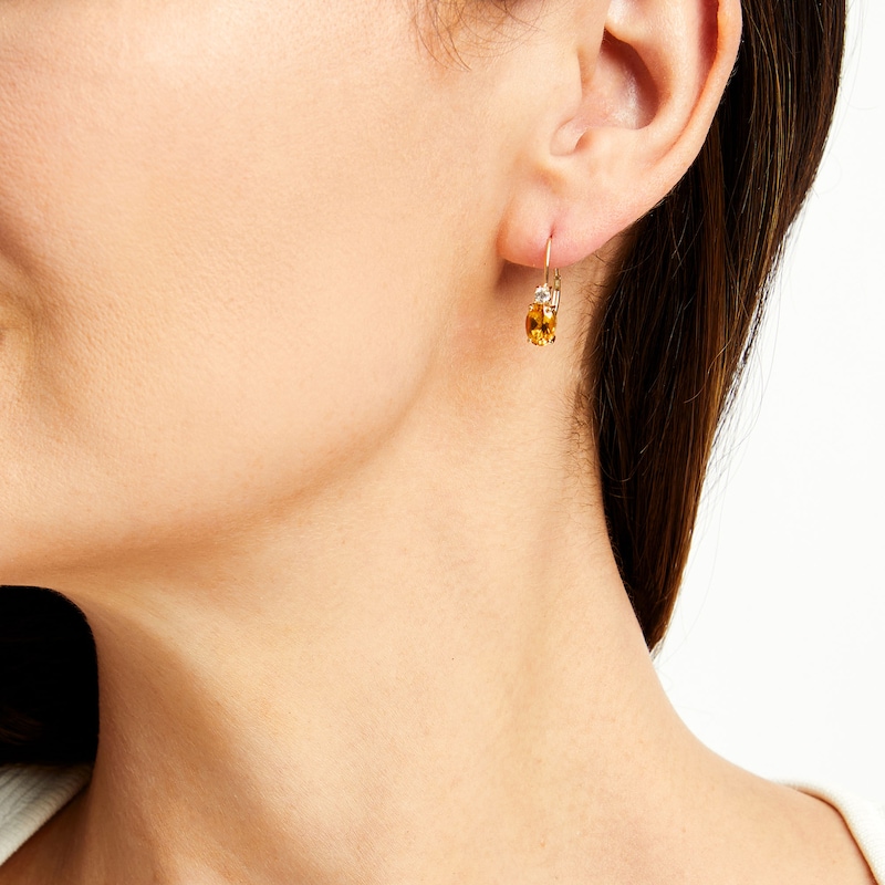 Main Image 2 of Oval Citrine and White Lab-Created Sapphire Stacked Drop Earrings in 10K Gold