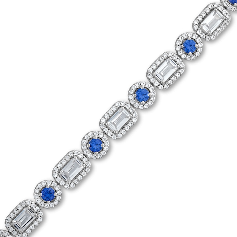 Main Image 1 of Emerald-Cut White Lab-Created Sapphire and Blue Lab-Created Sapphire Alternating Line Bracelet in Sterling Silver