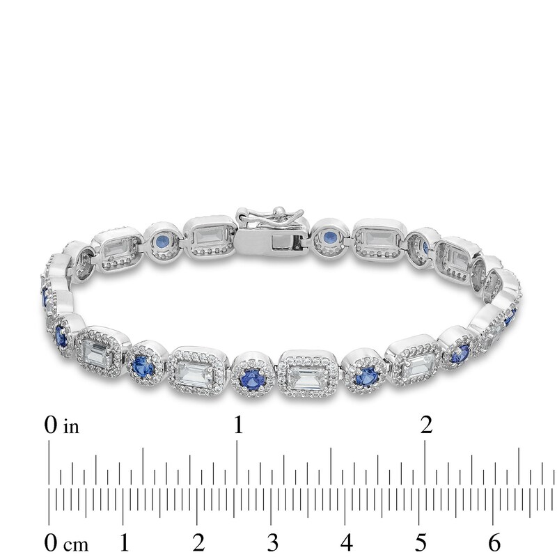 Main Image 4 of Emerald-Cut White Lab-Created Sapphire and Blue Lab-Created Sapphire Alternating Line Bracelet in Sterling Silver