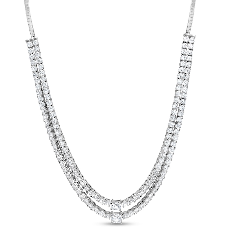 Main Image 1 of Princess-Cut and Round White Lab-Created Sapphire Double Row Omega Chain Necklace in Sterling Silver