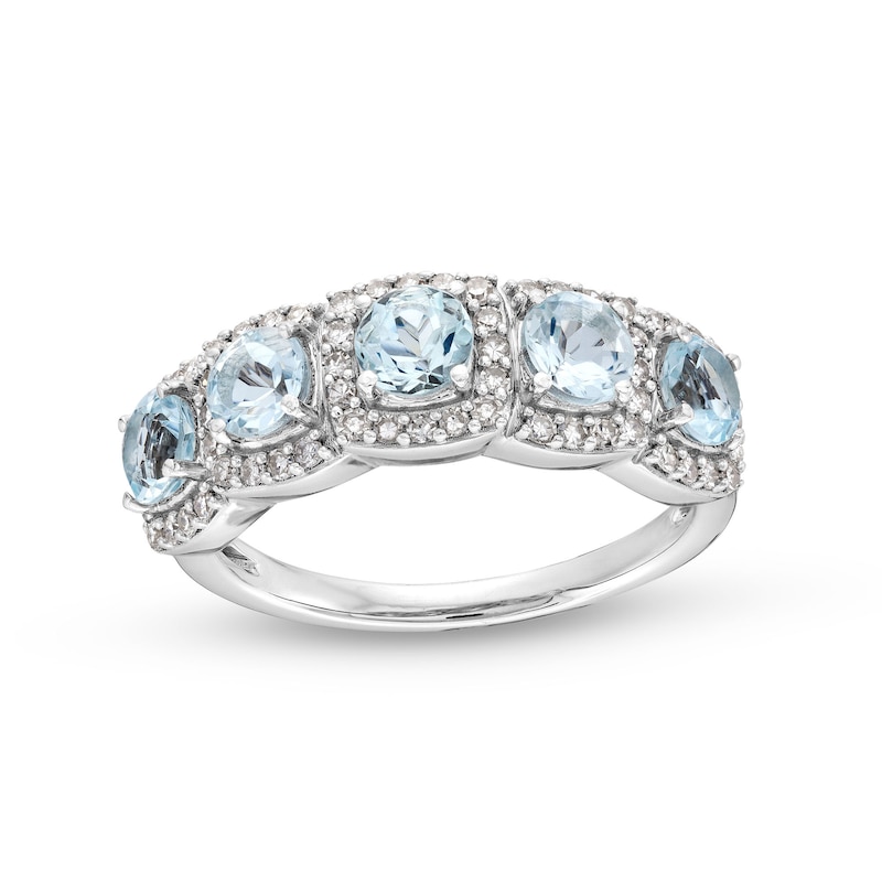 Main Image 1 of Aquamarine and 1/3 CT. T.W. Diamond Cushion Frame Five Stone Ring in Sterling Silver