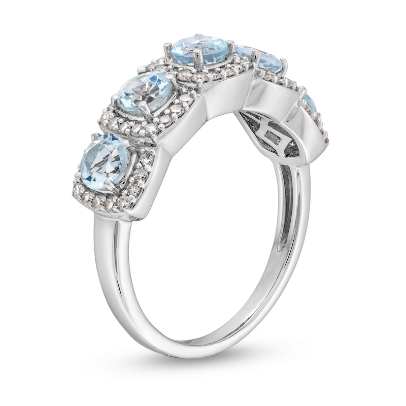 Main Image 3 of Aquamarine and 1/3 CT. T.W. Diamond Cushion Frame Five Stone Ring in Sterling Silver