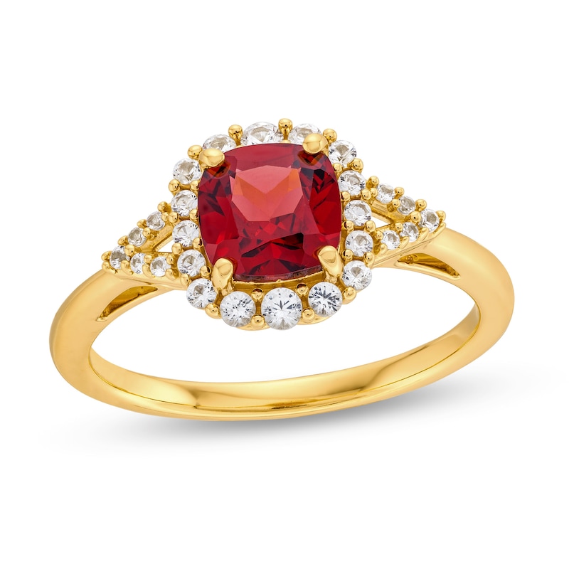 Main Image 1 of Cushion-Cut Garnet and White Lab-Created Sapphire Frame Ring in Sterling Silver with 14K Gold Plate - Size 7