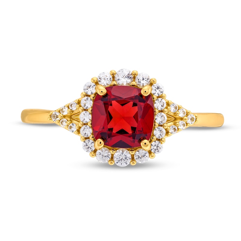 Main Image 4 of Cushion-Cut Garnet and White Lab-Created Sapphire Frame Ring in Sterling Silver with 14K Gold Plate - Size 7