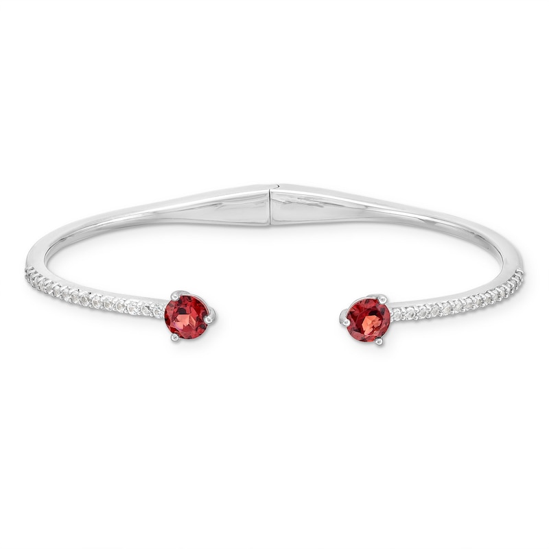 Main Image 1 of Garnet and White Lab-Created Sapphire Open Hinged Bangle in Sterling Silver