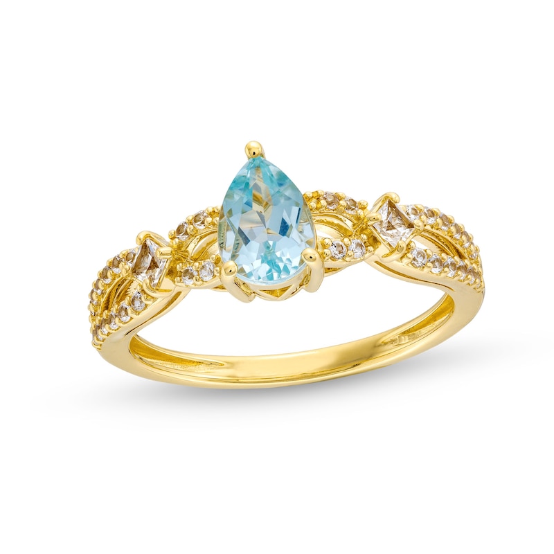 Main Image 1 of Pear-Shaped Aquamarine and White Lab-Created Sapphire Loop Shank Ring in Sterling Silver with 14K Gold Plate