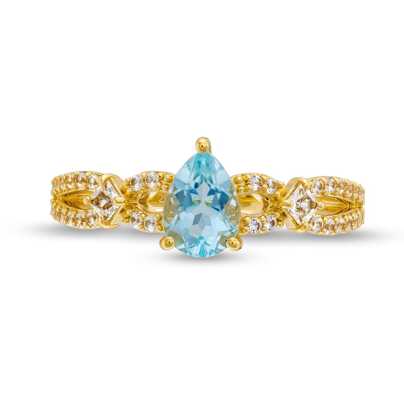 Main Image 4 of Pear-Shaped Aquamarine and White Lab-Created Sapphire Loop Shank Ring in Sterling Silver with 14K Gold Plate