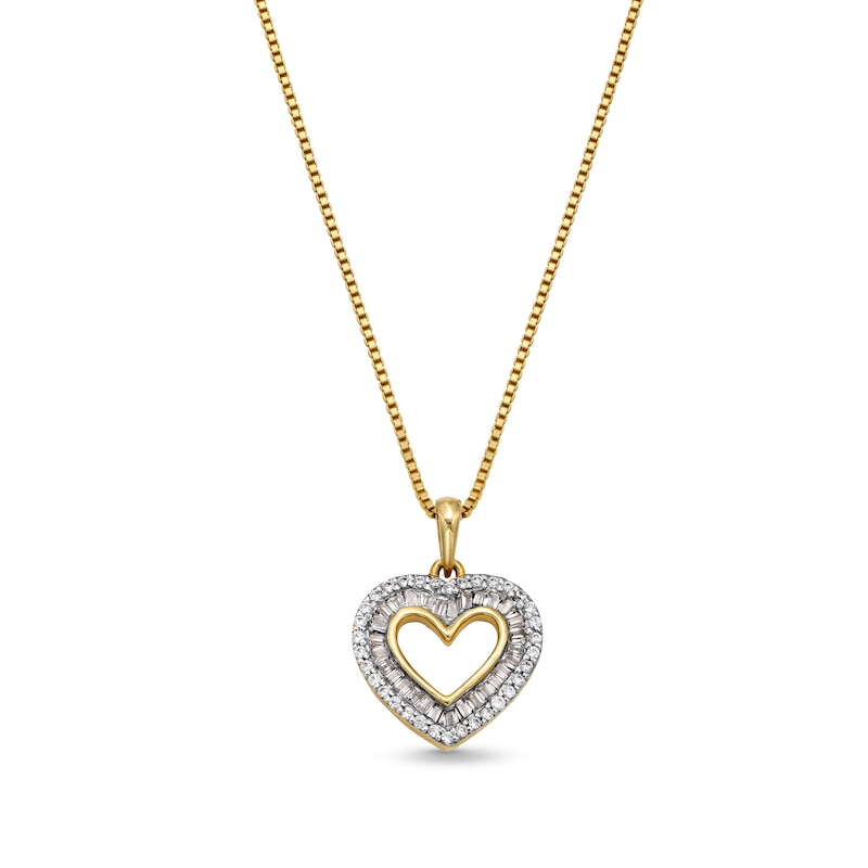 Main Image 1 of 1/4 CT. T.W. Baguette-Cut and Round Diamond Double Frame Heart Pendant in 10K Gold